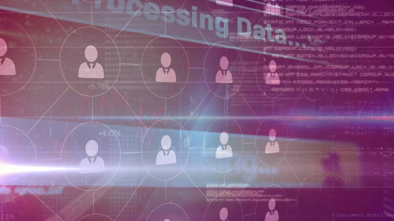 Animation of network of profile icons and light trails against purple gradient background