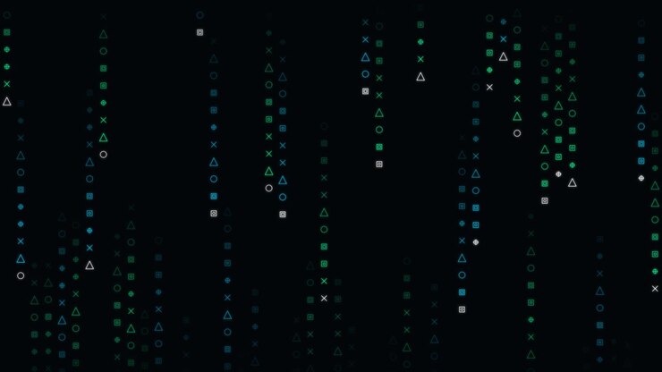 Digital Rain of Geometric Shapes on Dark Background