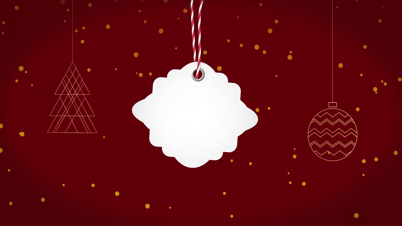 animación de la etiqueta de regalo con espacio de copia sobre bolas de navidad y puntos de luz en fondo rojo