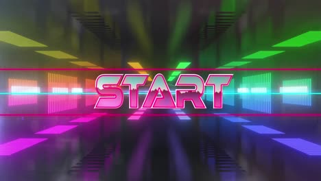 Animation-of-start-text-banner-against-colorful-neon-tunnel-in-seamless-pattern