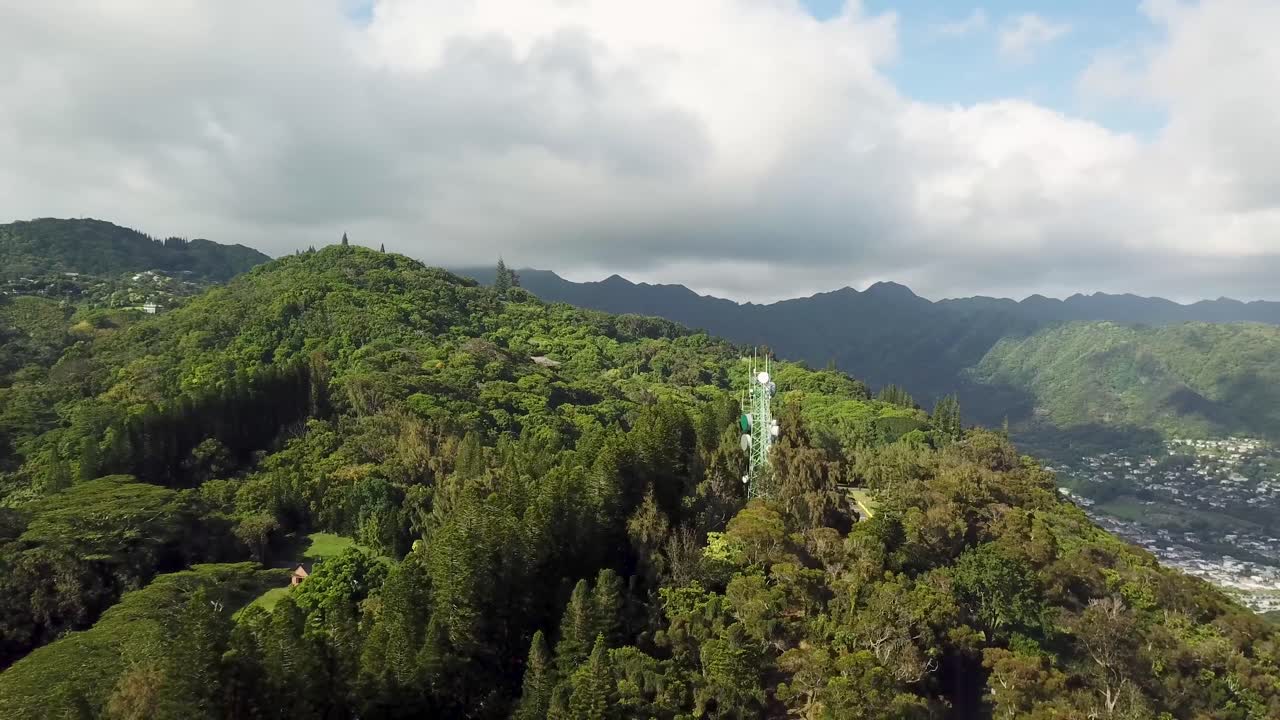 Aerial view of a communication tower on a mountain
