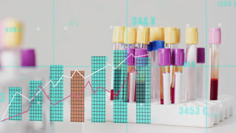 animación de gráficos de datos financieros sobre tubos de ensayo de laboratorio con muestras de sangre