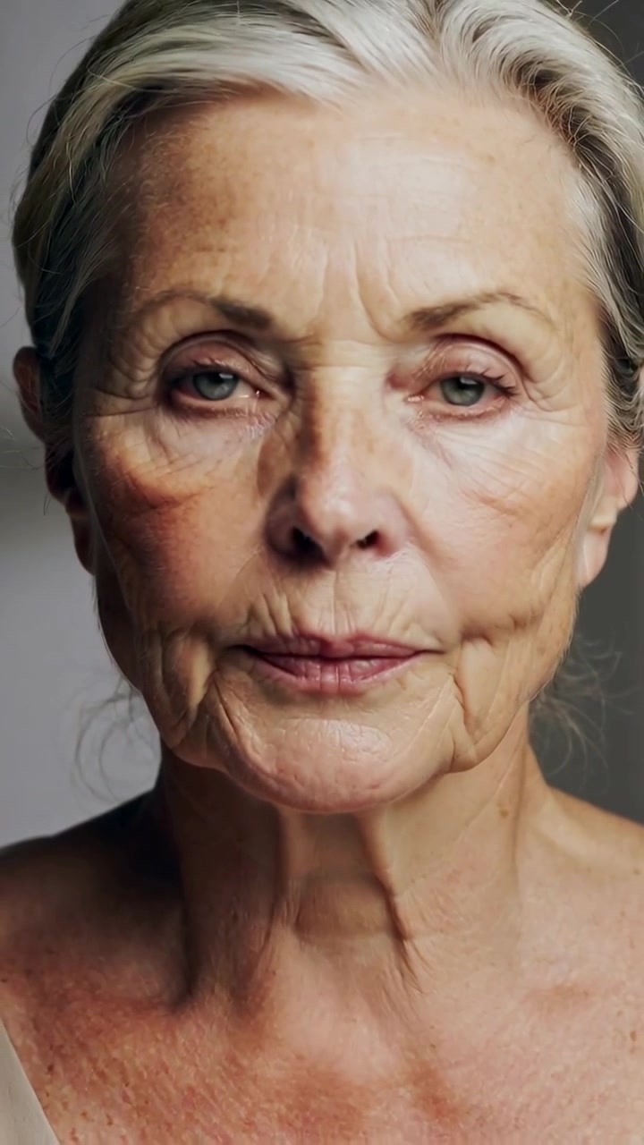Video verticale: Donna anziana che respira, apre lentamente gli occhi in studio e diventa vigile