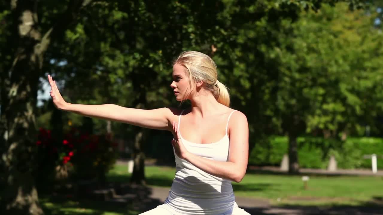 bonita rubia haciendo tai chi en el parque