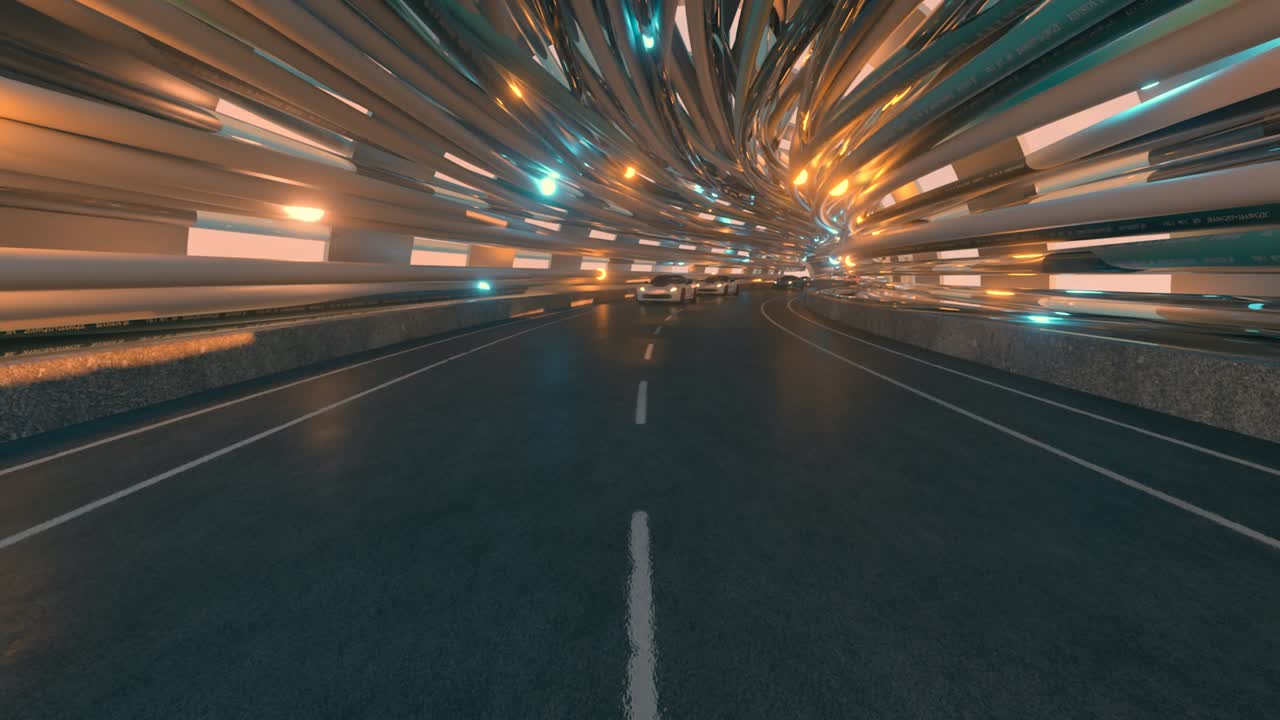 el movimiento de los coches en un puente futurista con fibra óptica. concepto de tecnologías futuras. fondo de negocios. agradable luz natural. bucle sin costuras 3d render