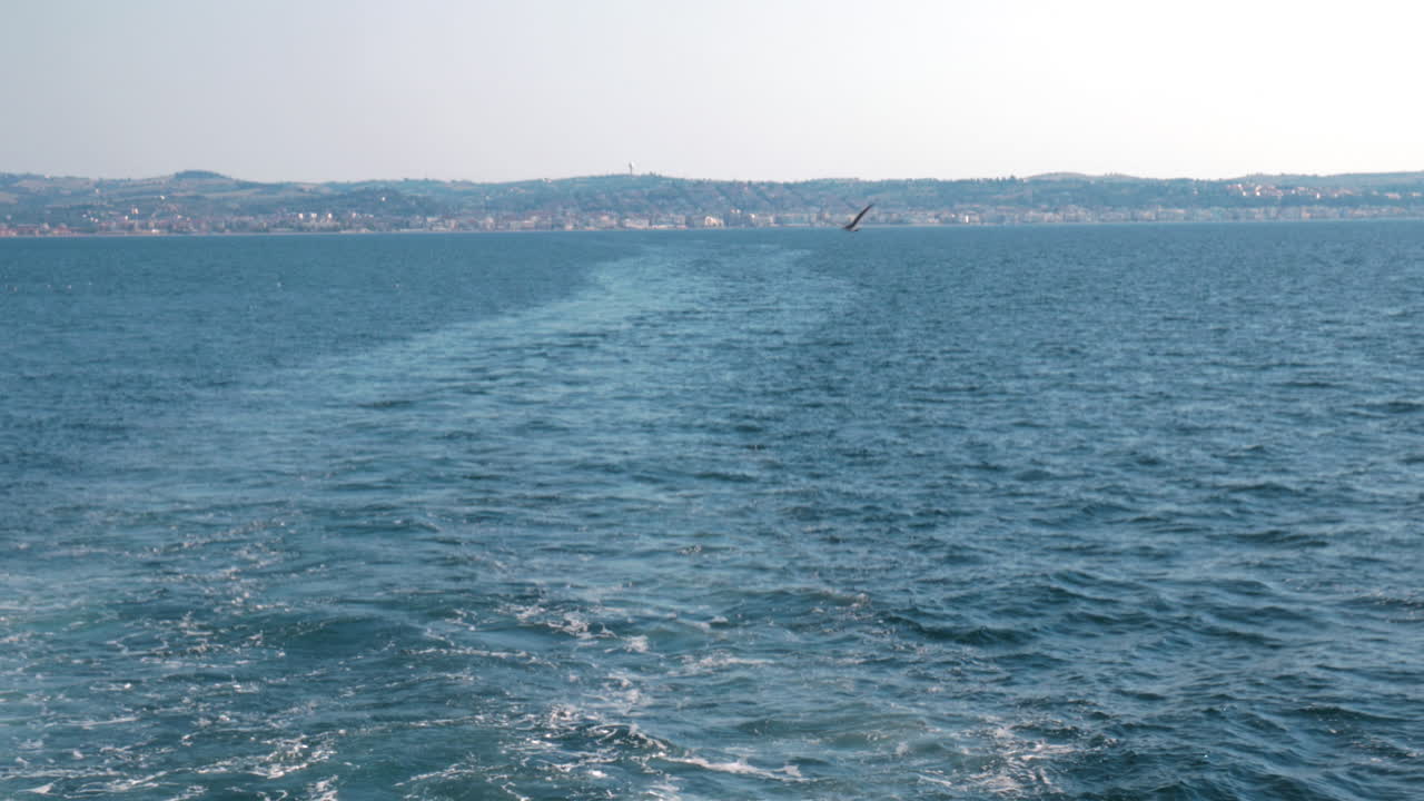 바다에서 보트 흔적 아름다운 바다 풍경의 배경에 날아가는 해파리 땅은 멀리 떨어져 있습니다