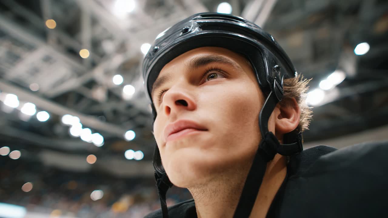 Focused Ice Hockey Player in a Helmet Contemplating Strategy During an Intense Match in an Indoor Arena with Bright Lights and Crowd in the Background