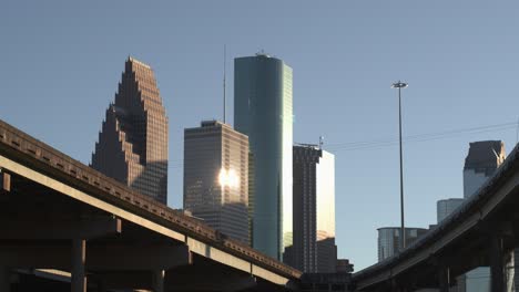 Low-angle-aerial-view-of-downtown-Houston