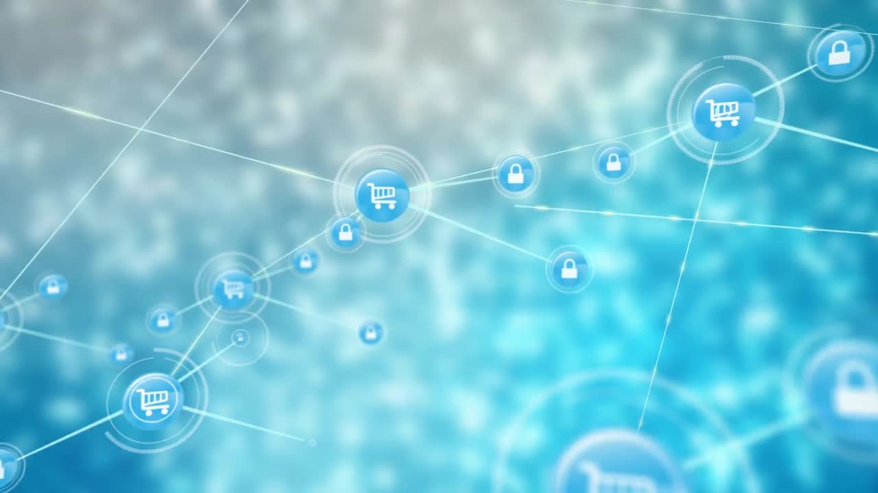 animación de una red de iconos digitales contra un fondo de gradiente de textura azul