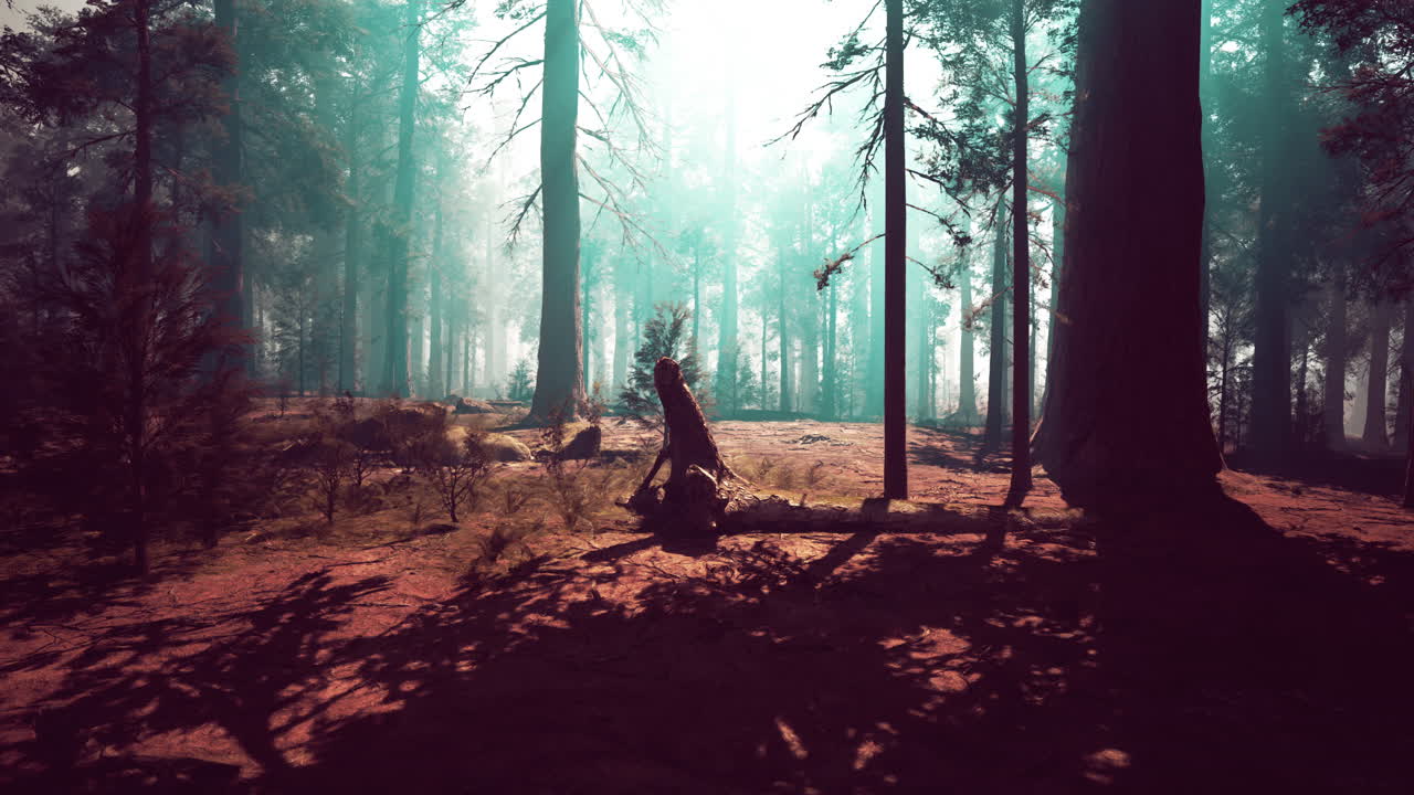 Sunlight Through Trees in a Foggy Forest