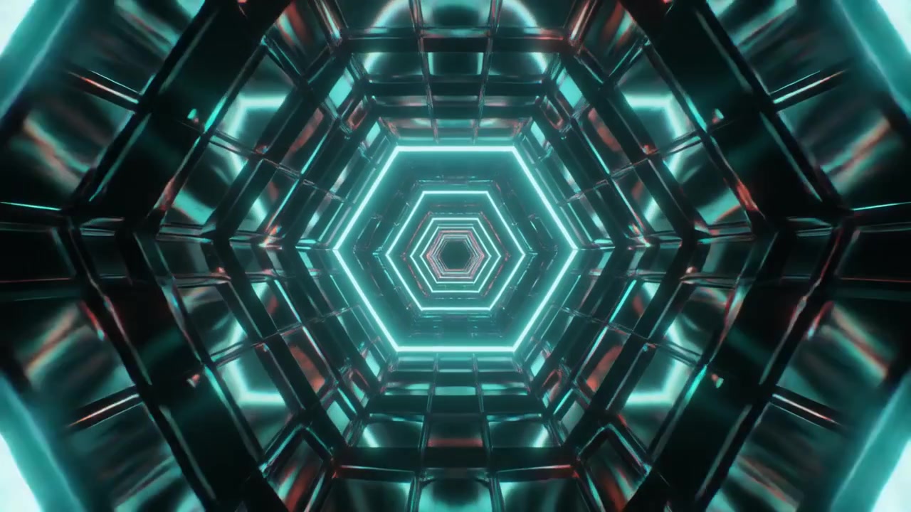 Tunnel esagonale futuristico con luci al neon ciano incandescenti