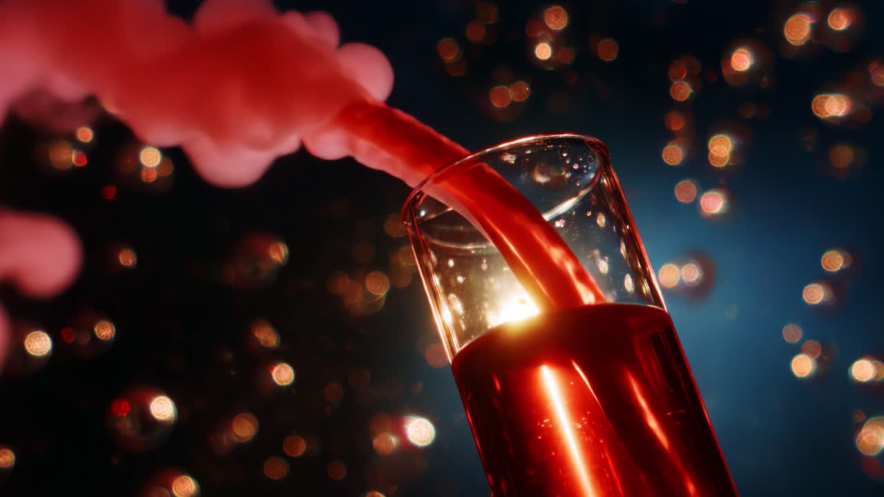 A mesmerizing scene showcasing a glass filled with vibrant red liquid accompanied by swirling pink smoke against a backdrop of shimmering bubbles and lights, creating an enchanting visual experience