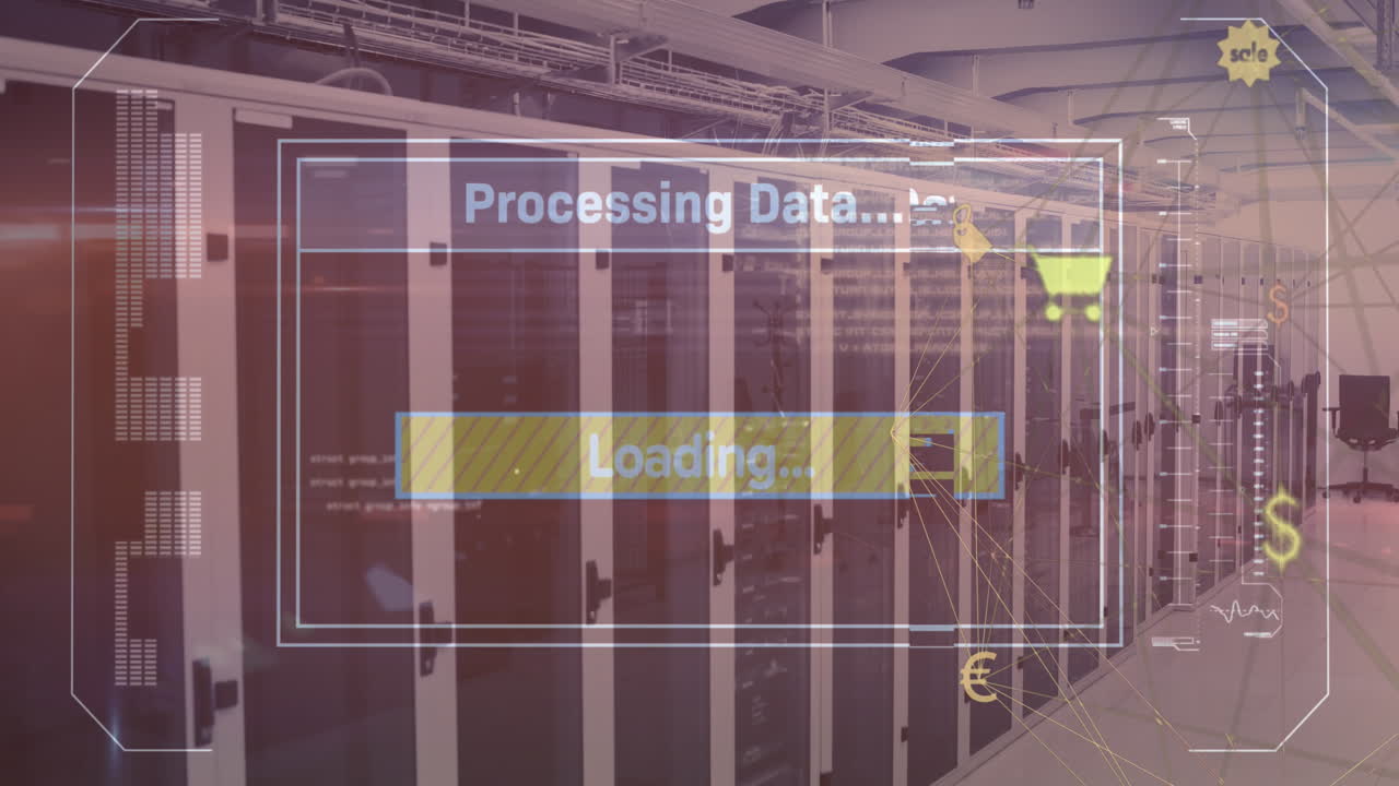 Animation of interface with data processing and globe of digital icons against computer server room