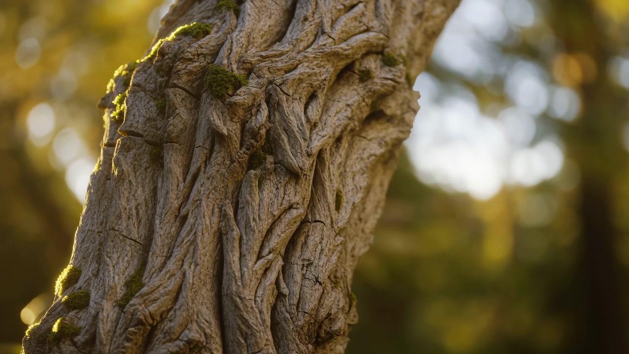 Primo piano di un tronco d'albero contorto e invecchiato sul lato sinistro dell'inquadratura, con profonde scanalature e creste fibrose. Una calda luce dell'ora d'oro proveniente dall'alto.