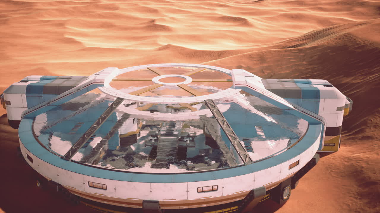 una nave spaziale futuristica è atterrata su un pianeta deserto