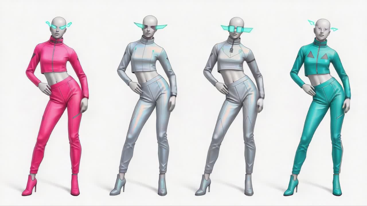 Futuristic Characters Displaying Trendy Attire in Vibrant Colors and Styles, Showcasing Innovative Fashion Design and Unique Accessories for a Modern Aesthetic