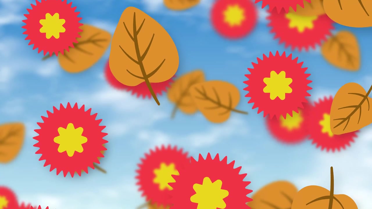 Stylized red flowers and brown leaves fall continuously against a bright blue cloudy sky background.