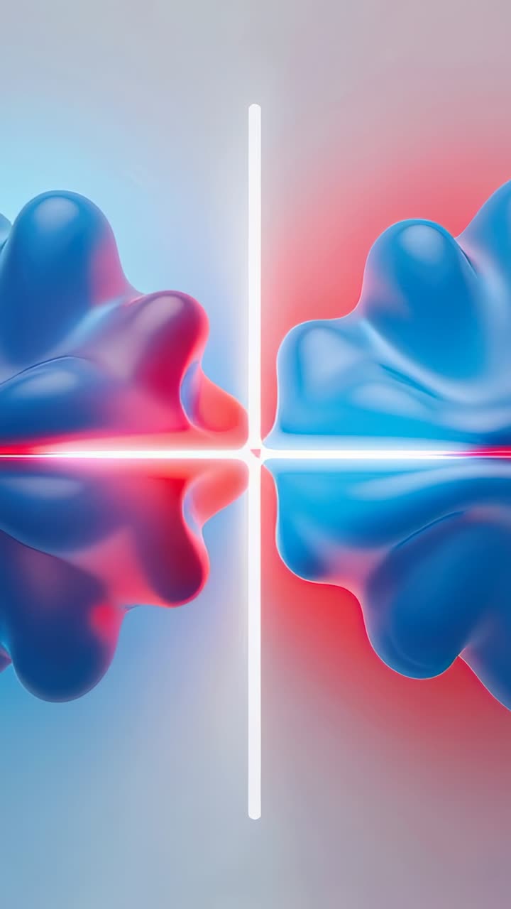 Vertical video: Pulsing red and blue shapes drifting inward in gradient space, with glowing cross