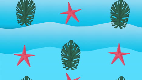 hello summer holiday poster with tropical leafs and starfish pattern