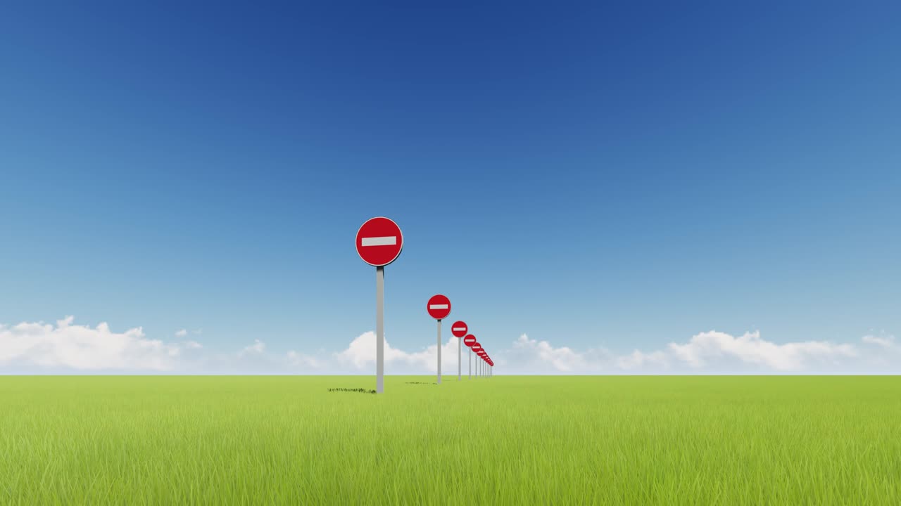 초록색 필드에서 여러 개의 도로 정지 표지판을 입력하지 마십시오. 빨간색 원 위에 색 줄무로 도로 안전 경고. 잔디 위에 교통 규제 기호