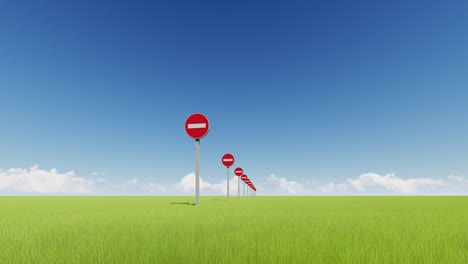 do not enter multiple road stop signs in green field realistic animation. round road safety warning with white stripe on red circle. traffic regulation symbols on lawn surreal seamless footage