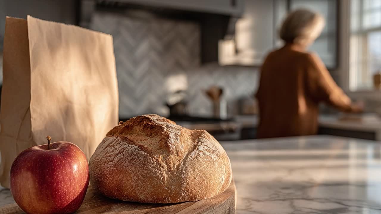 A Cozy Kitchen Scene Featuring Freshly Baked Bread and a Bright Red Apple with a Person Preparing in the Background During Golden Hour