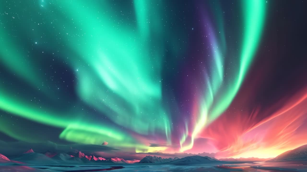 Stunning wide-angle video of vibrant aurora borealis over snowy mountains, showcasing swirling green