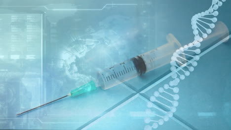 animation of globe, dna strand and syringe
