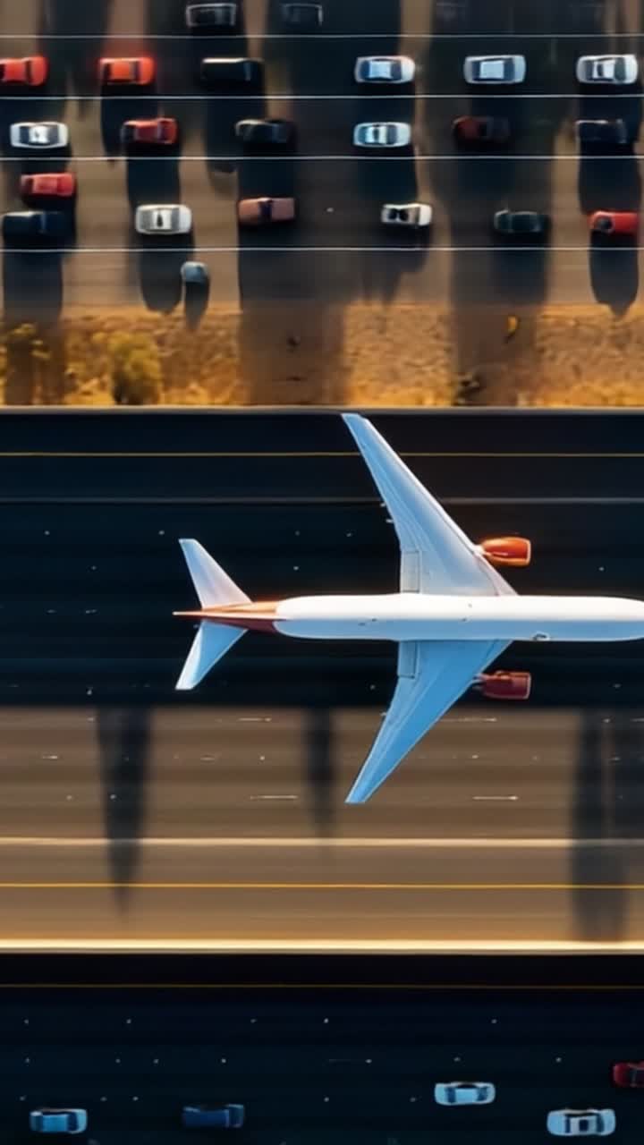 Vista Aérea de un Avión Volando Sobre una Autopista Concurrida con Coches y Sombras a Ambos Lados, Capturado Desde Arriba con Impresionante Detalle y Colores Vibrantes