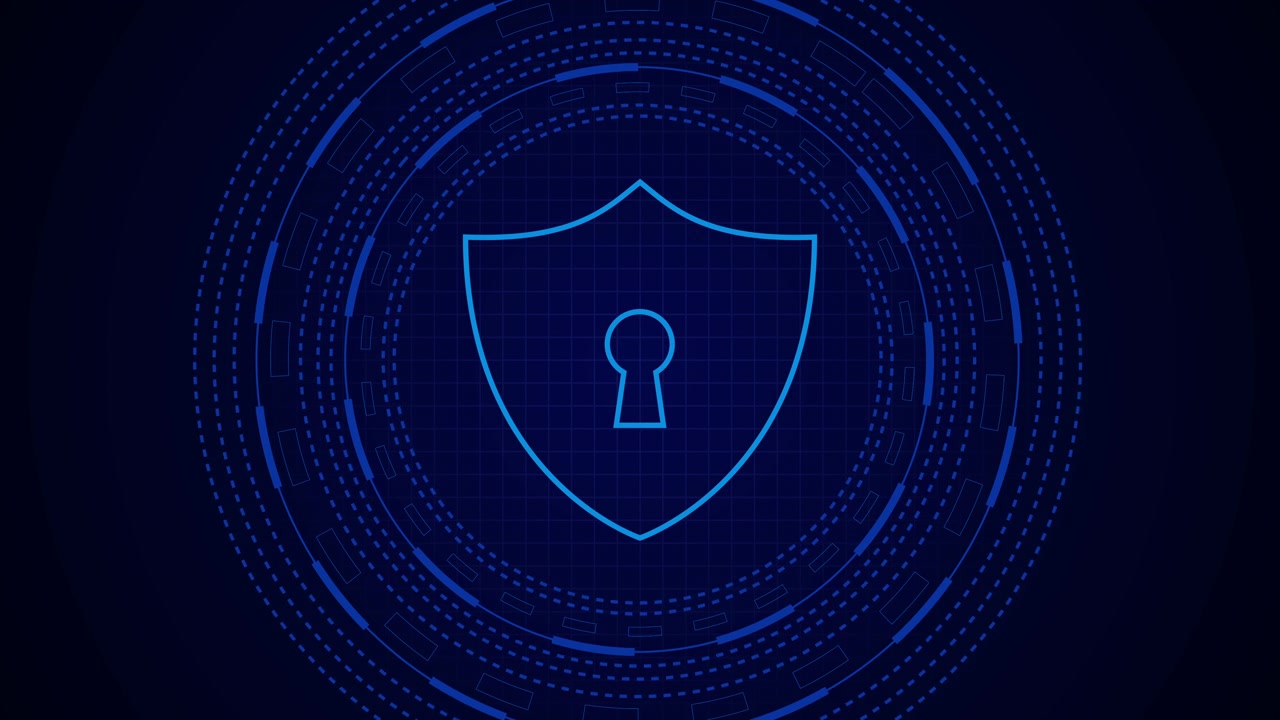 Digital Security Shield Icon with Rotating Data Rings