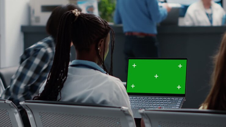 Medico che usa un laptop con schermo verde nella sala d'attesa dell'ospedale