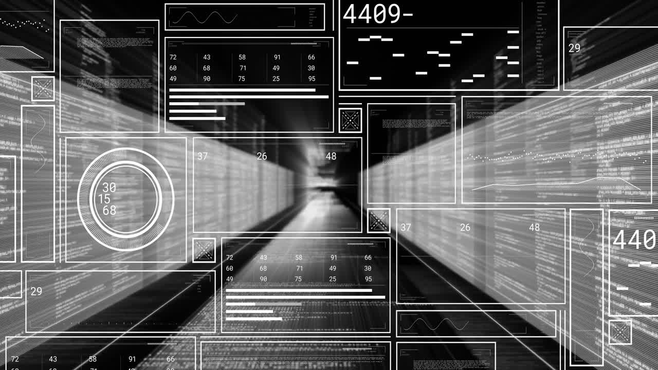 Starting tunnel moving forward overlays appearing data updating beams sweeping showing data flow
