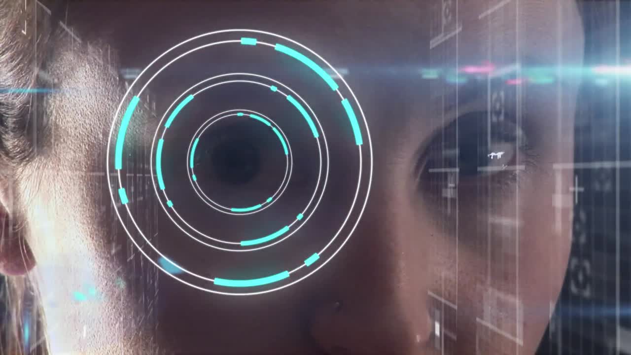 Animation of scope scanning and data processing over woman's eye