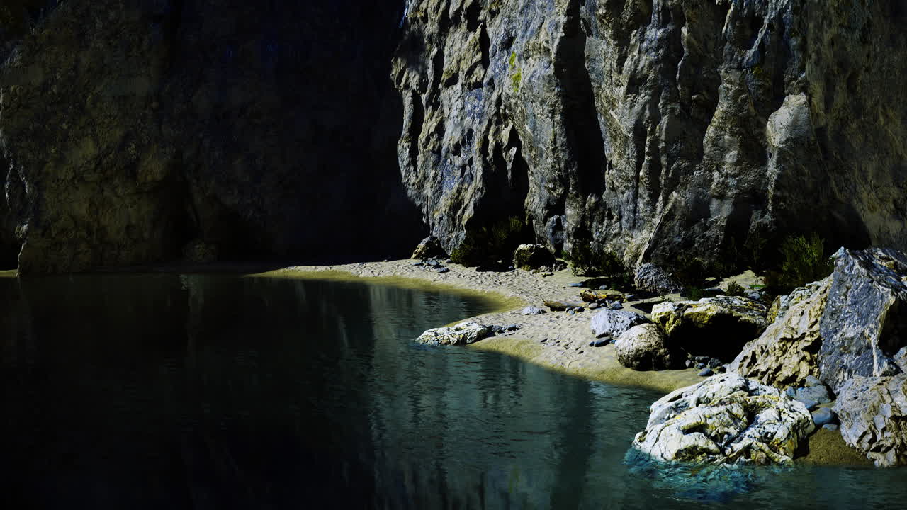 Rocky shoreline next to calm water reveals natural beauty in serene location