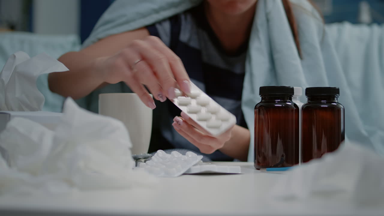 Close up of woman reading labels of tablets and jars with pills and capsules