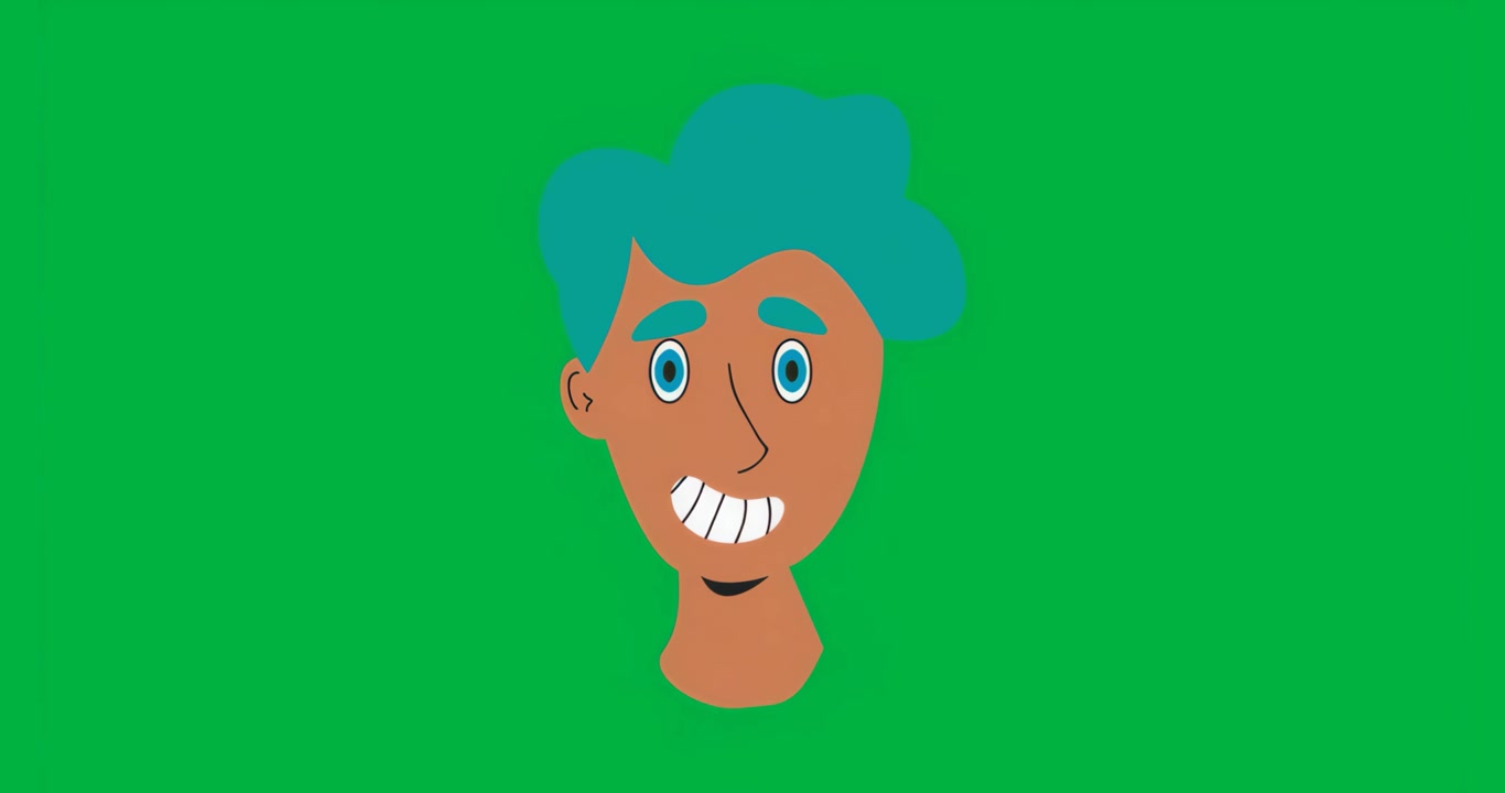 After 1s cartoon head opening revealing blue eyes while glitches drift on transparent background