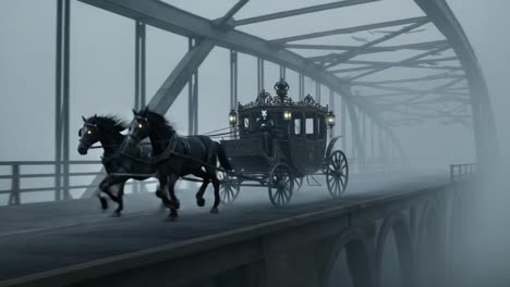 a mysterious horse-drawn carriage gallops through a foggy bridge at dusk, creating an enigmatic scene of elegance and intrigue