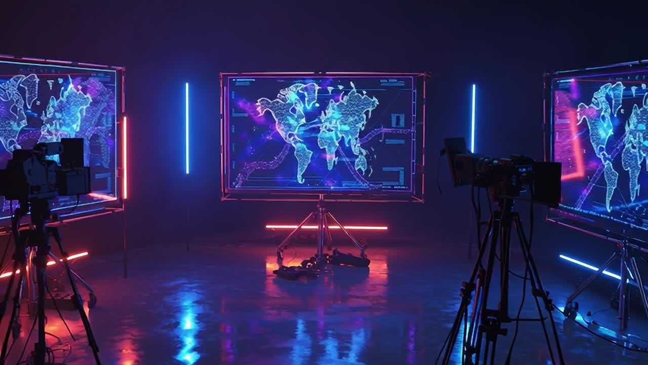 Studio high-tech con mappe del mondo illuminate e attrezzatura fotografica.