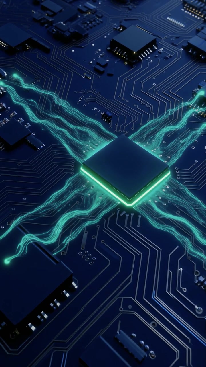 Digital Data Flowing Through a Central Processor on a Circuit Board