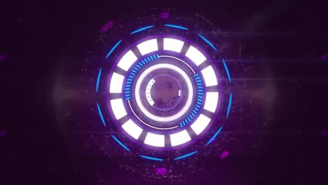 Animation-of-network-of-profile-icons-and-light-trails-over-neon-purple-round-scanner