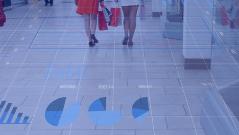 animación del procesamiento de datos financieros sobre un grupo de mujeres que caminan