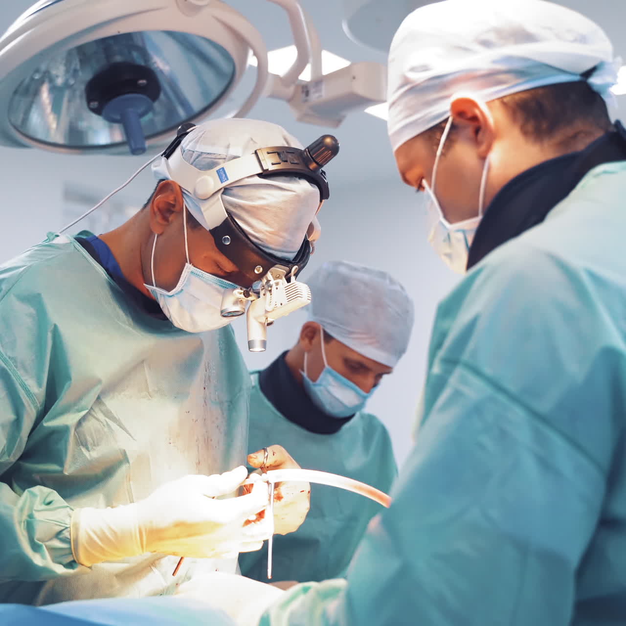 Neurosurgery. Specialist man with assistants during operation. Group of surgeons performing an operation in medical center.