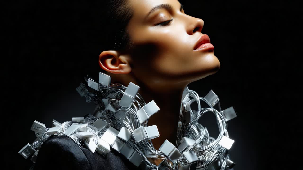 A striking model showcases an innovative fashion statement featuring a unique and artistic necklace composed of metallic and reflective elements set against a dark backdrop
