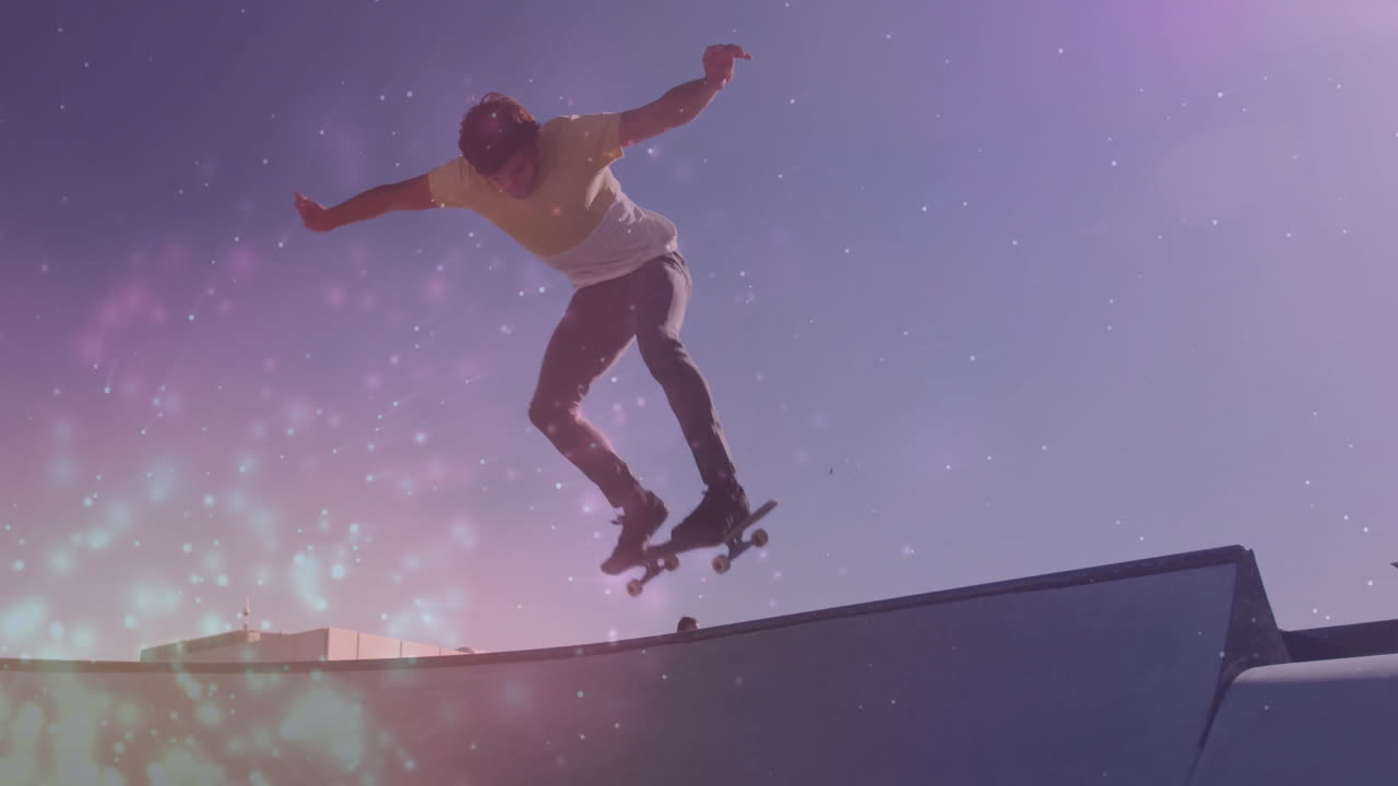 male skateboarder performing aerial trick in skatepark, showing tech with floating data graphics