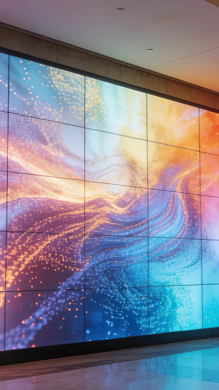 Video verticale: Telecamera che registra una parete LED a piastrelle che riproduce un'animazione nella hall per documentare l'arte