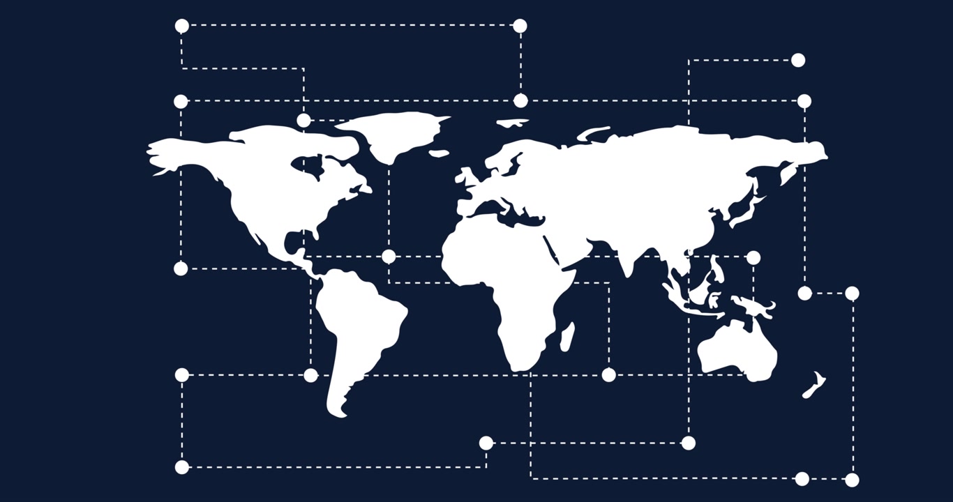 Animation of network of connections over white world map on blue background