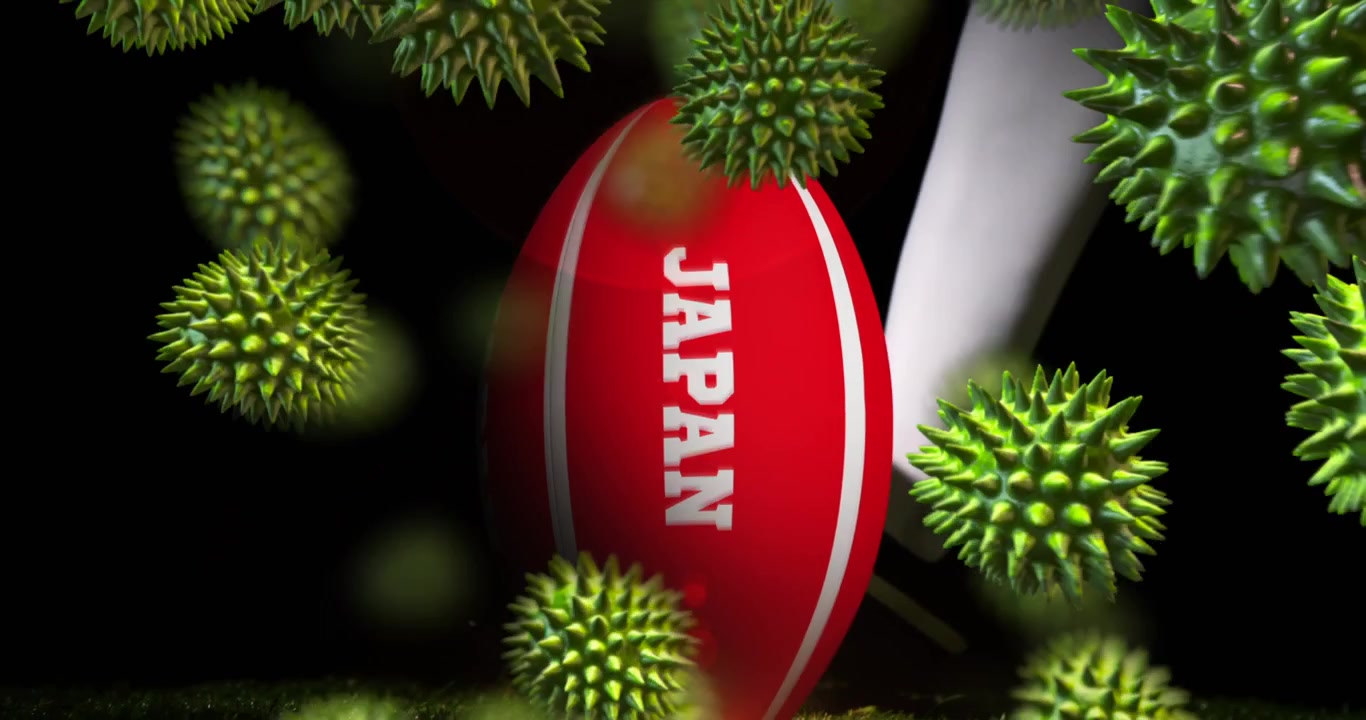 Animation of virus cells and rugby ball with japan text on black background