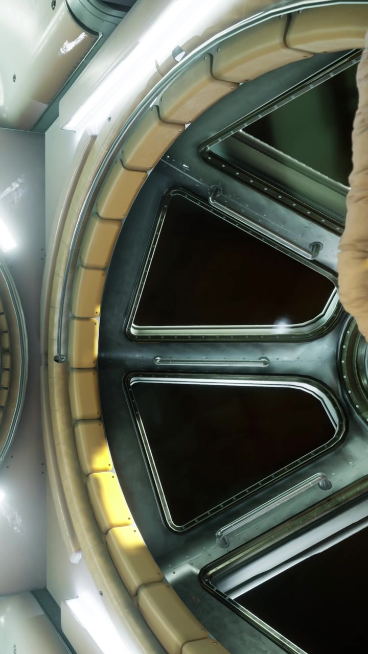 Close up view of a space module with circular structure and tube connection