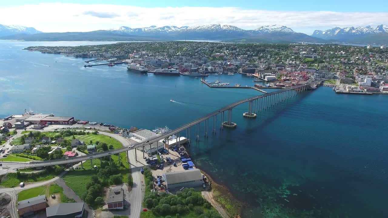 Tromso, Norway aerial footage. Tromso is considered the northernmost city in the world with a population above 50000