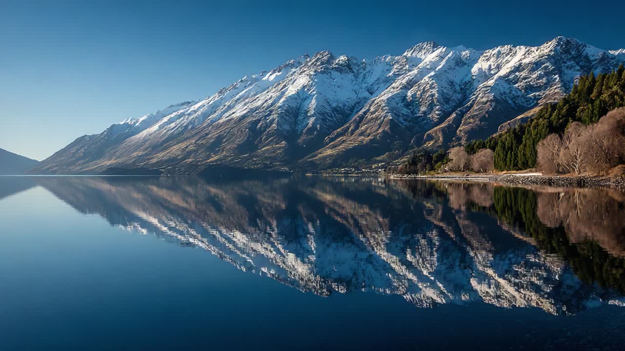 Serenità Mozzafiato: Un Maestoso Paesaggio Montano Si Riflette Perfettamente su un Lago Calmo, Incorniciato da Alberi Verdi e Rigogliosi Sotto un Cielo Azzurro e Limpido